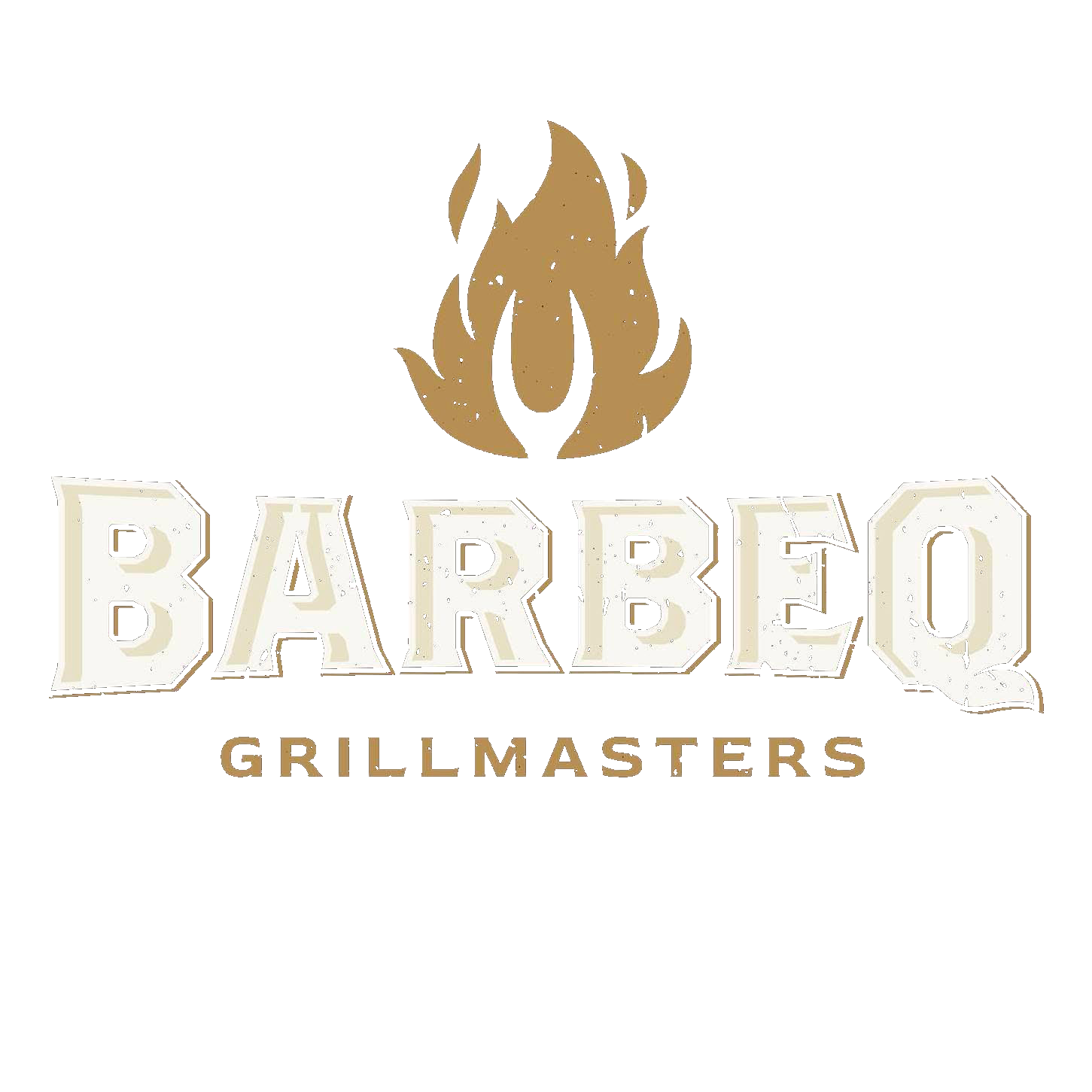Logo avec le mot BARBEQ en grandes lettres grasses de couleur crème, GRILLMASTERS en lettres brunes plus petites en dessous, et une flamme brune stylisée au-dessus du texte, sur un fond clair.